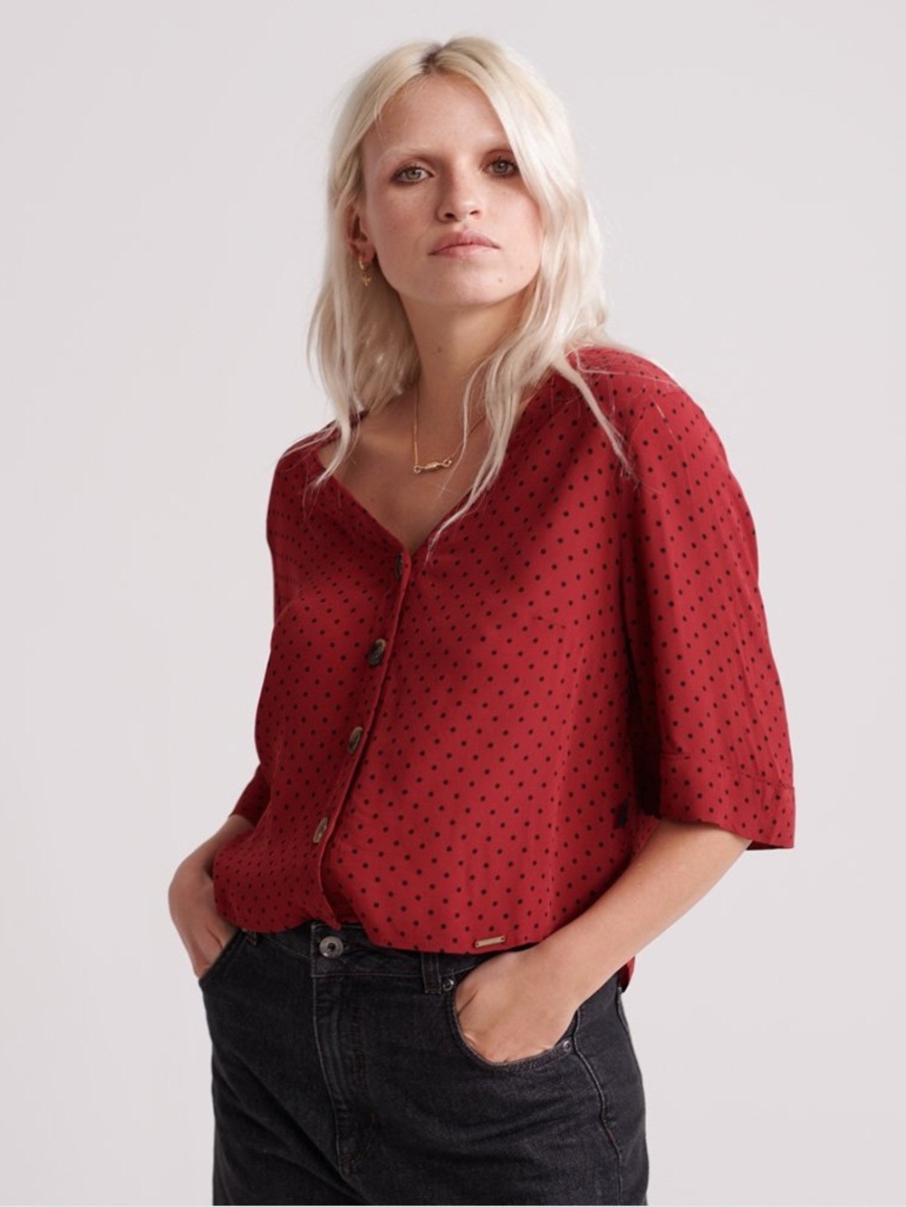 Superdry Pippa Button Down Polka Dot Blouse Red Black US 8 Like New
